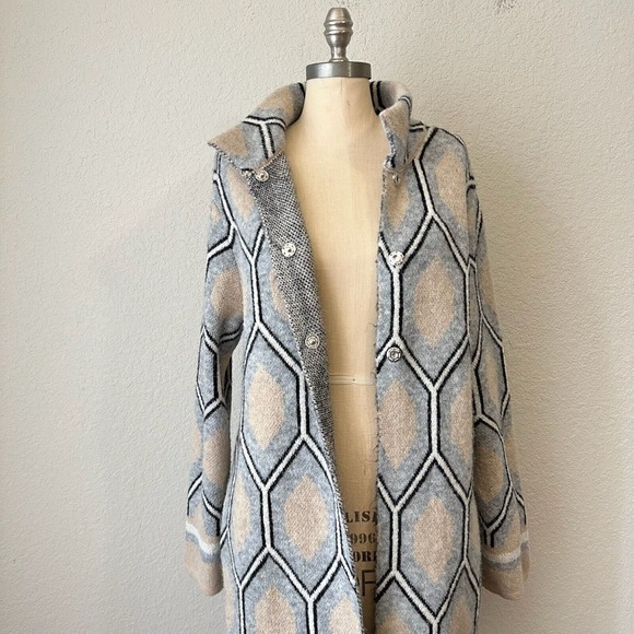 NWOT ORIANA Wool Blend Knit Sweater Coat Multi Geometric Print ITALY MADE - Picture 3 of 12
